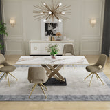 Orion Gold 180cm Dining Table White/Gold Ceramic Marble Top With Boucle Velvet Gold Leg Dining Chairs