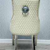 Majestic Lion Knocker Quilted PU Cream White Leather Dining Chair Chrome Legs