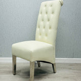 Lucy PU Lion Knocker Quilted Emma Slim Cream White Leather Dining Chair Chrome Legs - Belmont Interiors