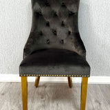 Majestic Dark Grey Gold Lion Knocker Quilted Tufted Plush Velvet Dining Chair Gold Legs