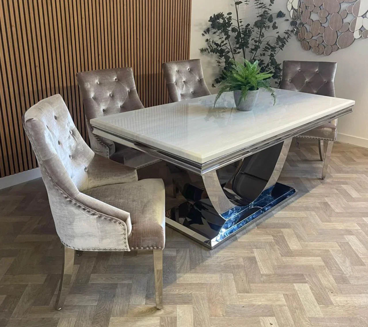 Denver Marble & Chrome Dining Table With Lion Knocker Quilted Velvet Chairs - Belmont Interiors