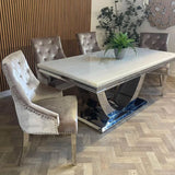 Denver Marble & Chrome Dining Table With Lion Knocker Quilted Velvet Chairs - Belmont Interiors