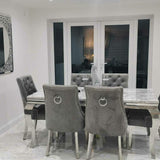 Louis Marble & Chrome Dining Table With Chrome Ring Knocker Velvet Chairs