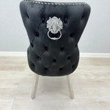 Victoria Black Chrome Lion Knocker Button Back Plush Velvet Chairs - Pairs