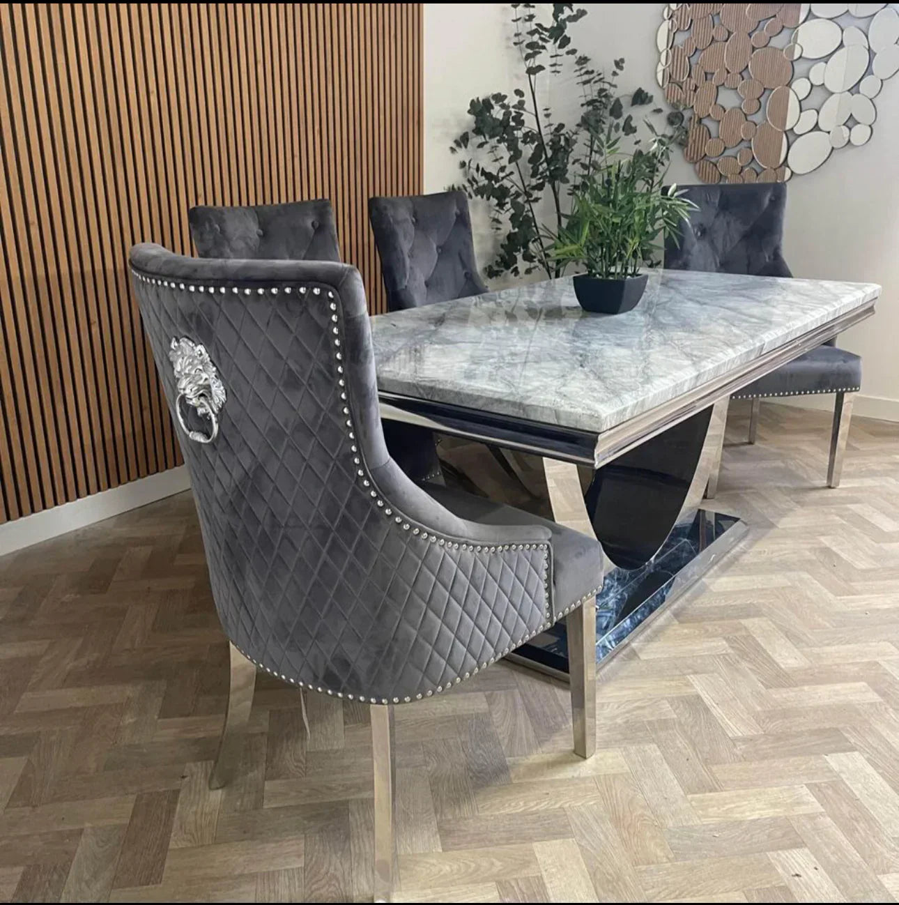 Denver Marble & Chrome Dining Table With Lion Knocker Quilted Velvet Chairs - Belmont Interiors