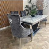 Denver Marble & Chrome Dining Table With Lion Knocker Quilted Velvet Chairs - Belmont Interiors