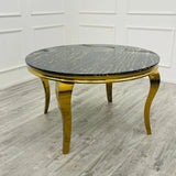 Louis 130cm Black and Gold Round Marble Dining Table with 4 Black & Gold Lion Knocker Velvet Chairs (Special Offer)