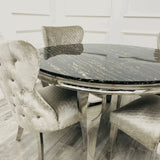 Louis 130cm Round Black Marble Chrome Dining Table And Valente Shimmer Lion Dining Chairs