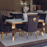 Louis Glass & Gold Dining Table With Gold Lion Knocker Quilted Velvet Chairs