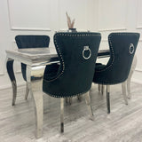 Louis Marble & Chrome Dining Table With Megan Chrome Ring Knocker Velvet Chairs