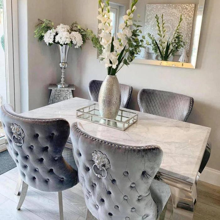 Louis Marble & Chrome Dining Table With Valente Lion Knocker Velvet Chairs-Esme Furnishings