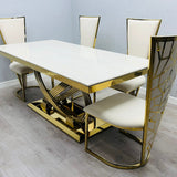 Elina 180cm Gold Dining Table With Posidon High Back Velvet Gold Chairs