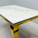 Louis Gold 150cm Ceramic Marble Cream Gold Dining Table With Shimmer Gold Lion Knocker Dining Chairs