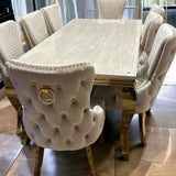 Louis Gold Cream Marble Dining Table With Shimmer Gold Ring Knocker Dining Chairs