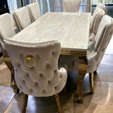 Louis 160cm Marble & Gold Dining Table With Victoria Gold Ring Knocker Velvet Chairs