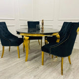 Louis 130cm Black and Gold Round Marble Dining Table with 4 Black & Gold Lion Knocker Velvet Chairs (Special Offer)