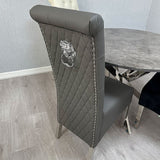 Arianna Marble & Chrome Dining Table With Lucy Slim Quilted Lion Knocker PU Leather Chairs