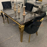 Louis Black/Gold Marble Dining Table With Gold Lion Knocker Velvet Chairs - Belmont Interiors