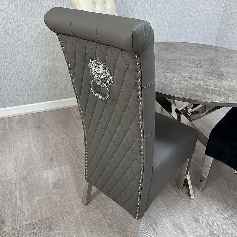 Lucy PU Lion Knocker Quilted Emma Slim Grey Leather Dining Chair Chrome Legs - Belmont Interiors