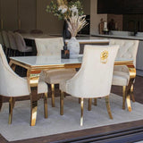 Louis Glass & Gold Dining Table With Gold Lion Knocker Quilted Velvet Chairs