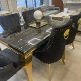 Louis Black/Gold Marble Dining Table With Gold Lion Knocker Velvet Chairs - Belmont Interiors