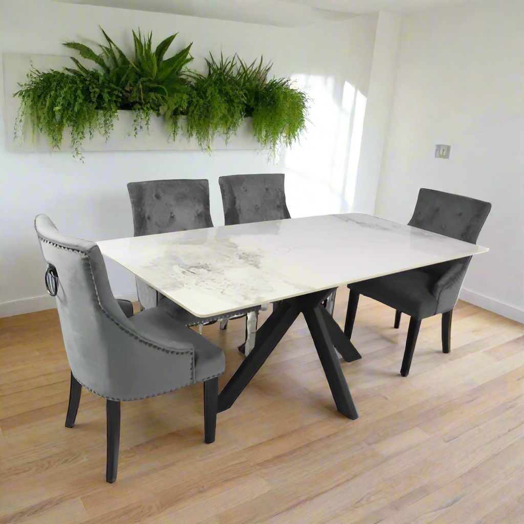 Phoenix 180cm White Ceramic Marble Dining Table With Grey Velvet Black Ring Chairs - Belmont Interiors