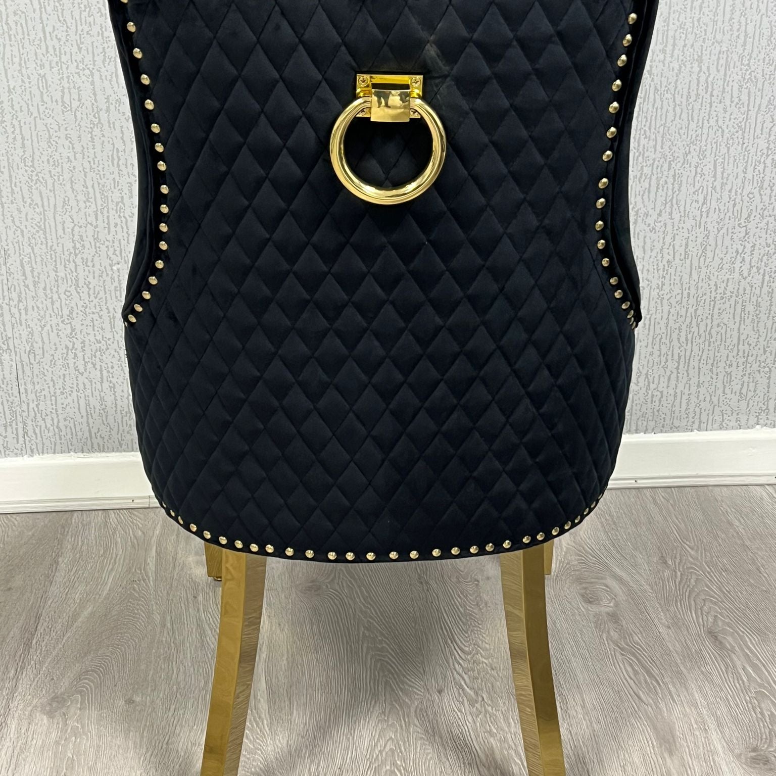 Majestic Black Gold Ring Knocker Quilted Tufted Plush Velvet Dining Chair Gold Legs-Esme Furnishings