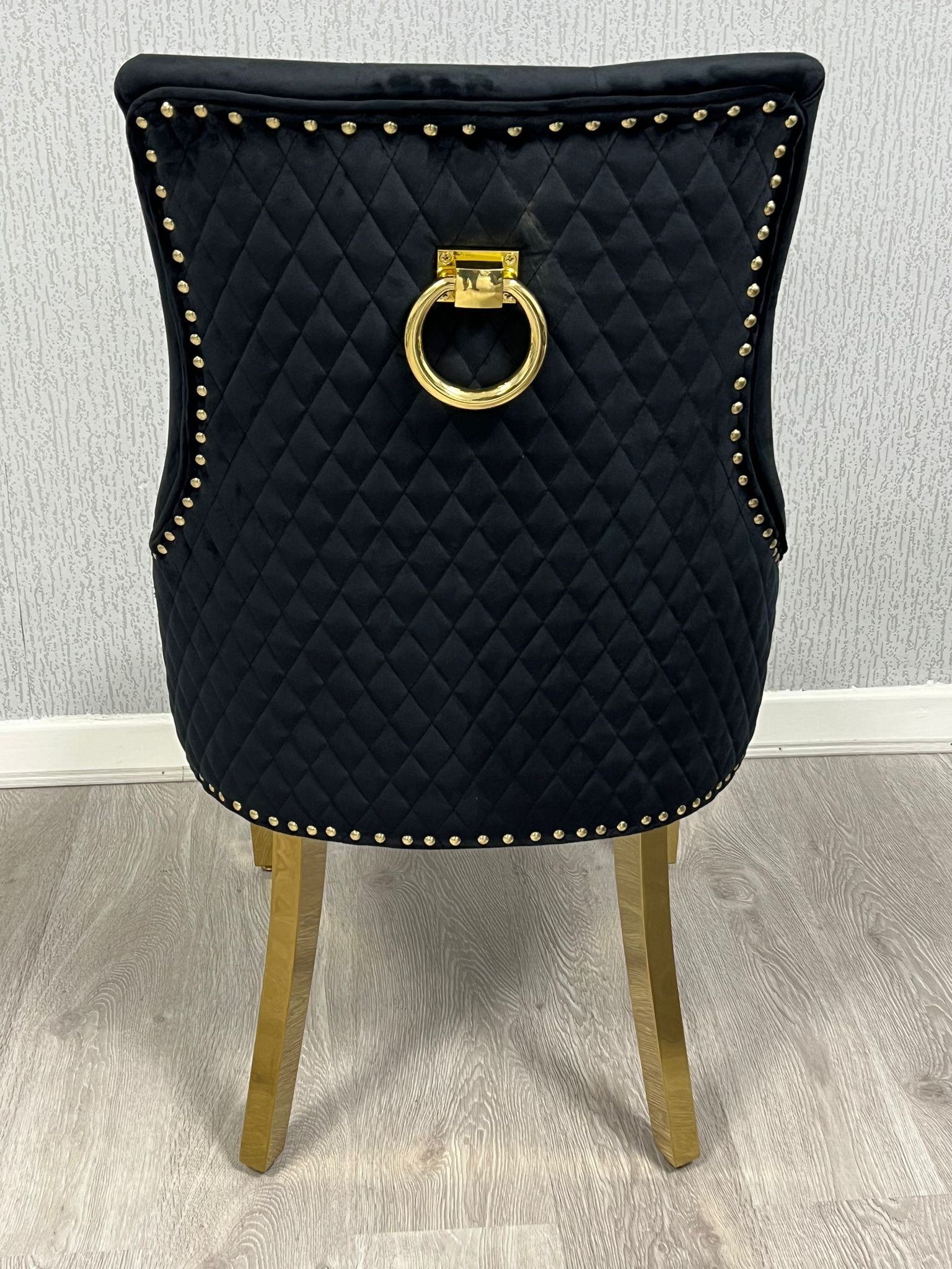 Majestic Black Gold Ring Knocker Quilted Tufted Plush Velvet Dining Chair Gold Legs-Esme Furnishings