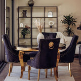 Louis 130cm Gold Round Marble Dining Table + Black Gold Lion Dining Chairs