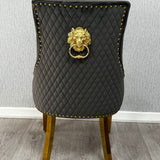 Majestic Dark Grey Gold Lion Knocker Quilted Tufted Plush Velvet Dining Chair Gold Legs