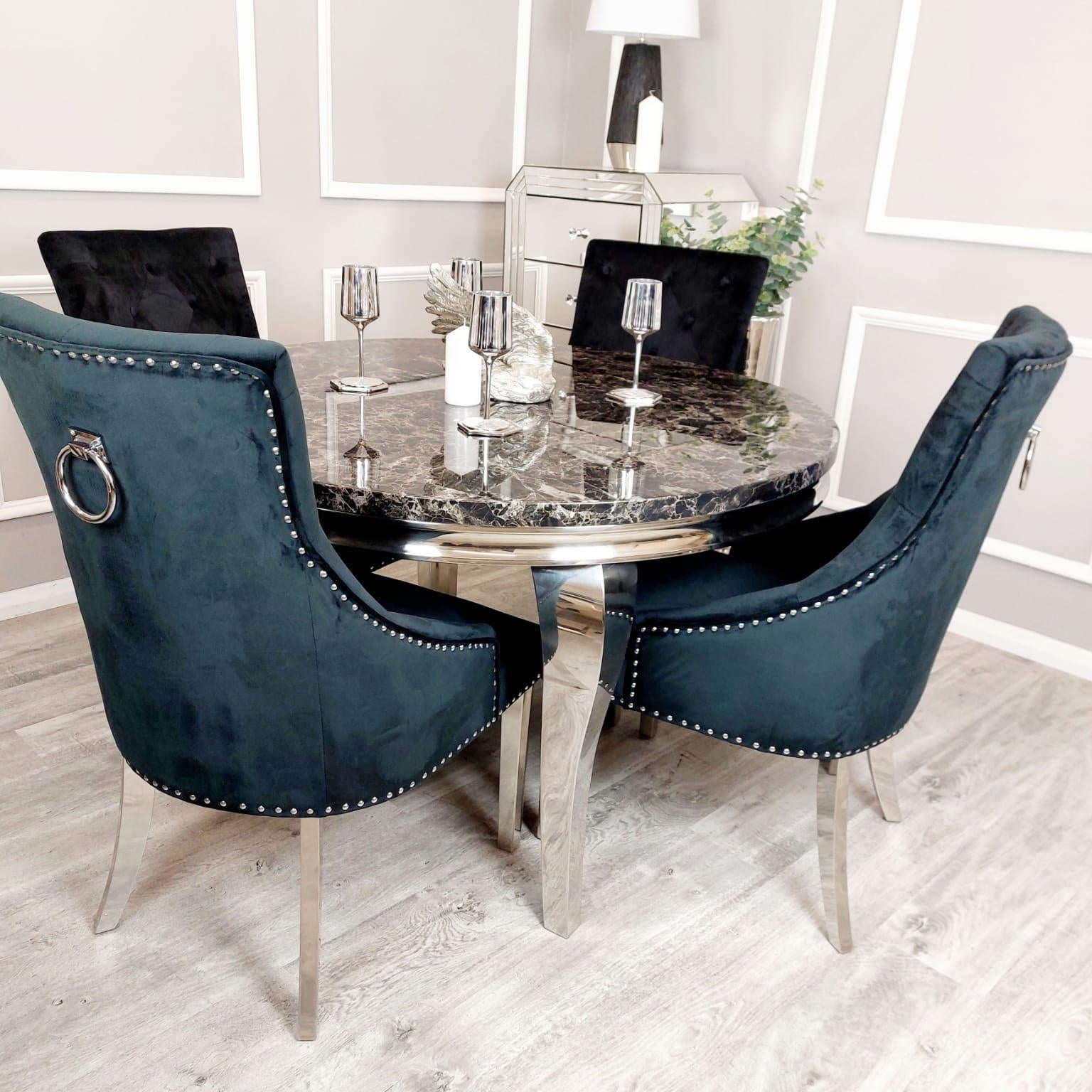 Louis Black Marble 130cm Round Dining Table + Black Knocker Plush Velvet Chairs-Esme Furnishings