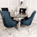 Louis Black Marble 130cm Round Dining Table + Black Knocker Plush Velvet Chairs-Esme Furnishings