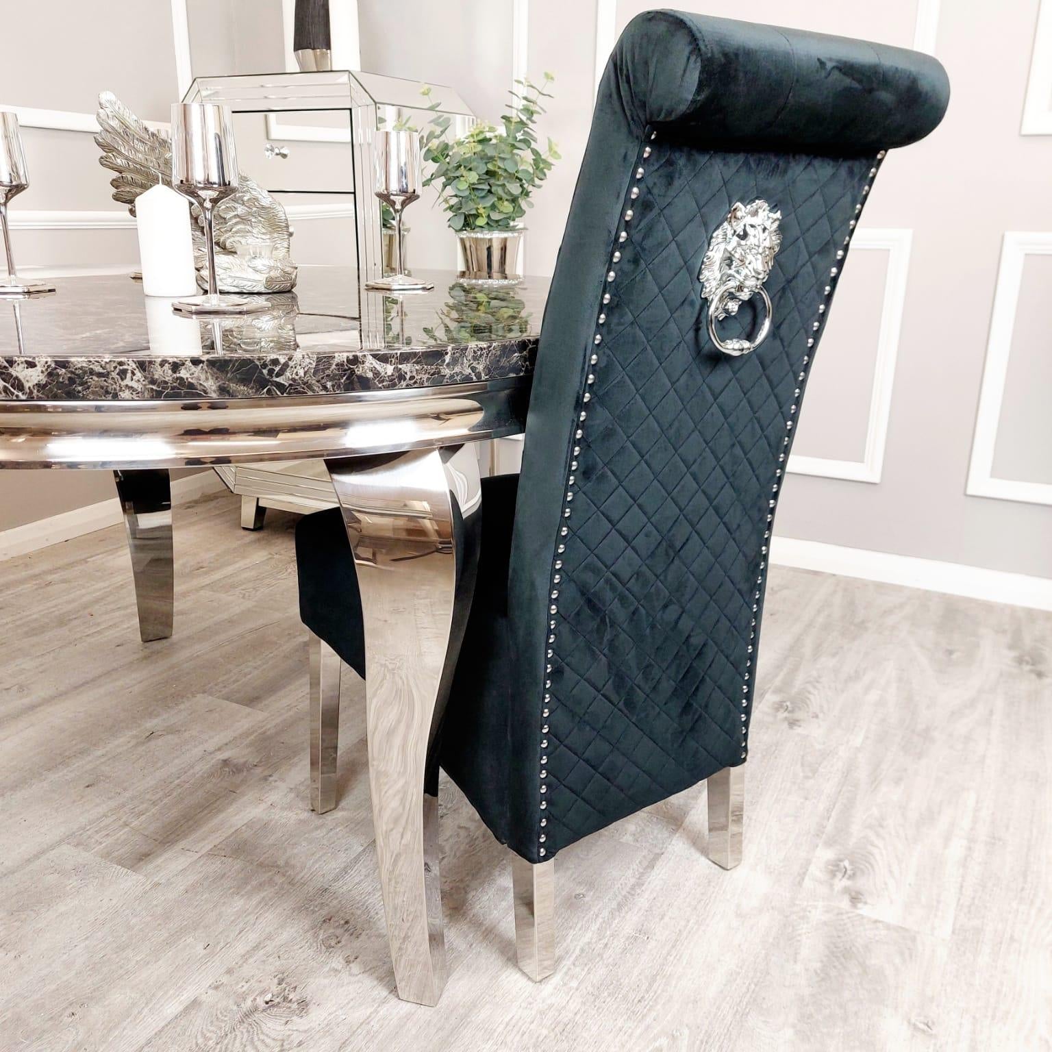 Louis Black Marble 130cm Round Dining Table + Lucy Black Lion Knocker Plush Velvet Chairs-Esme Furnishings