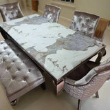 Louis Pandora Marble & Chrome Dining Table With Lion Knocker Velvet Chairs & Bench