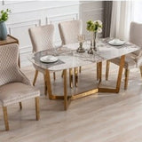 Lucien 150cm Gold Oval Dining Table with Pandora Gold Ceramic Marble Top + Cream/Gold  Ring Knocker Velvet Chairs