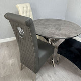 Lucy PU Lion Knocker Quilted Emma Slim Grey Leather Dining Chair Chrome Legs - Belmont Interiors