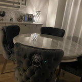 Chelsea 130cm Grey Marble Round Dining Table + Valentino Grey Plush Velvet Lion Button Chairs-Esme Furnishings