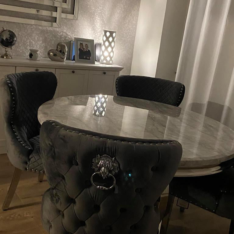 Chelsea 130cm Grey Marble Round Dining Table + Valentino Grey Plush Velvet Lion Button Chairs-Esme Furnishings