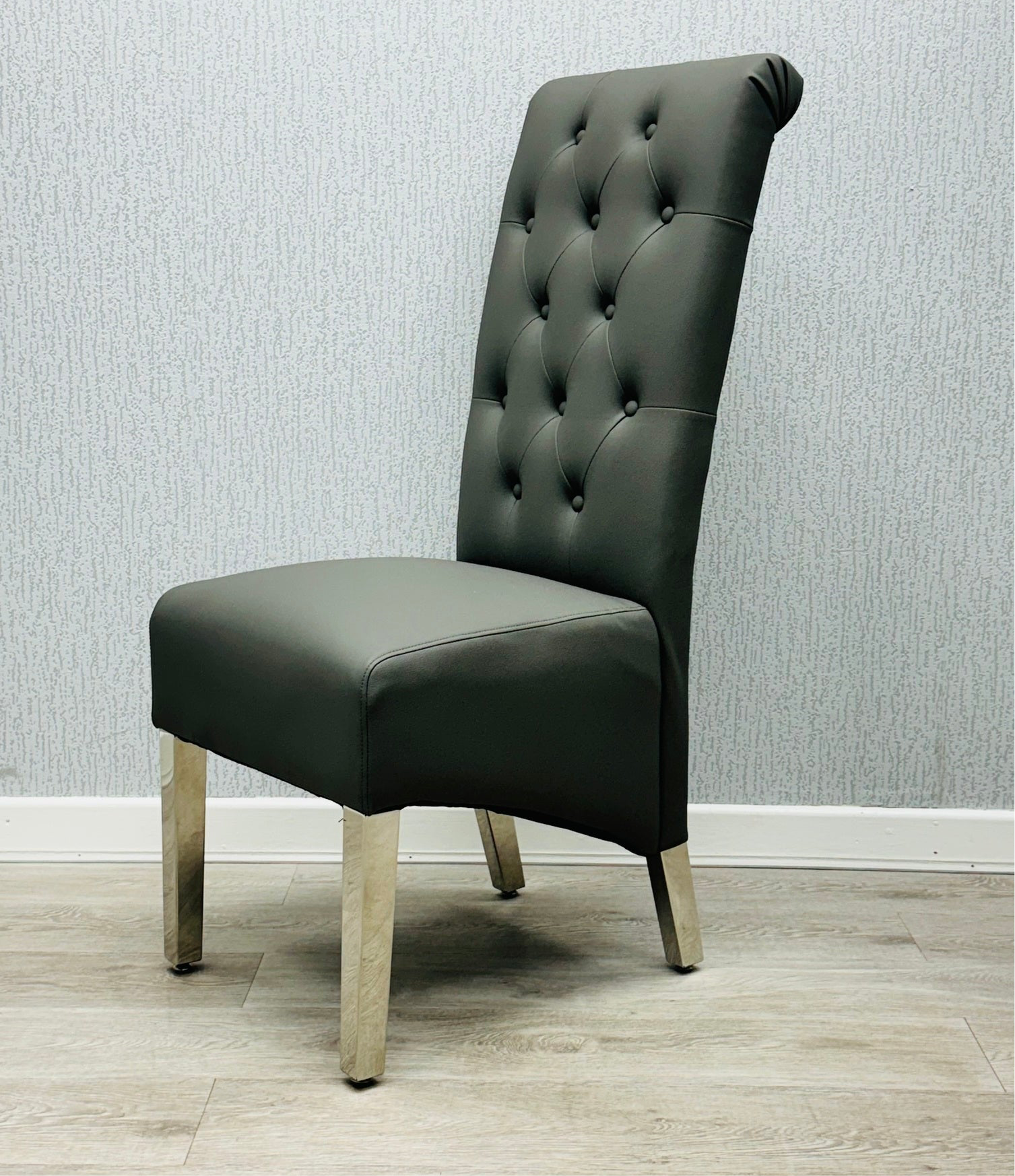 Lucy PU Lion Knocker Quilted Emma Slim Grey Leather Dining Chair Chrome Legs - Belmont Interiors