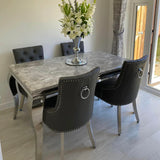 Louis Marble & Chrome Dining Table With Grey PU Leather Chrome Ring Knocker Chairs