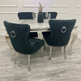 Louis Marble & Chrome Dining Table With Megan Chrome Ring Knocker Velvet Chairs