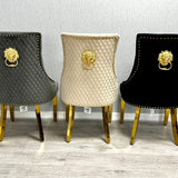 Majestic Dark Grey Gold Lion Knocker Quilted Tufted Plush Velvet Dining Chair Gold Legs