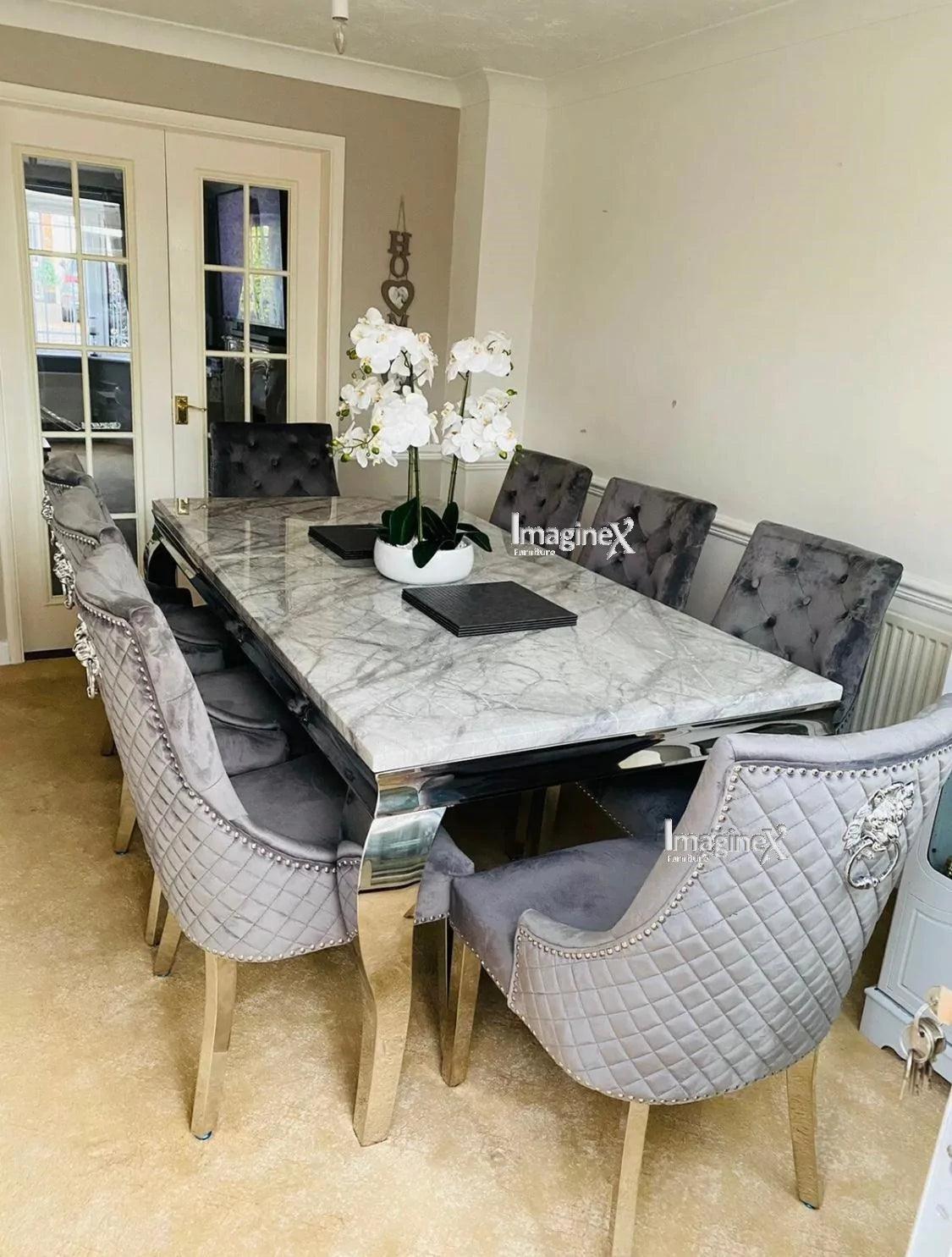 Louis Marble & Chrome Dining Table With Quilted Lion Knocker Velvet Chairs-Esme Furnishings