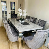 Louis Marble & Chrome Dining Table With Quilted Lion Knocker Velvet Chairs-Esme Furnishings