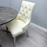 Majestic Lion Knocker Quilted PU Cream White Leather Dining Chair Chrome Legs - Belmont Interiors