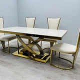 Elina 180cm Gold Dining Table With Posidon High Back Velvet Gold Chairs