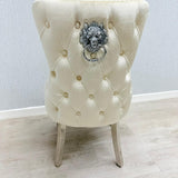 Victoria Cream Chrome Lion Knocker Button Back Plush Velvet Chairs - Pairs