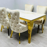 Louis 160cm Marble & Gold Dining Table With Victoria Gold Ring Knocker Velvet Chairs