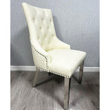 Majestic Lion Knocker Quilted PU Cream White Leather Dining Chair Chrome Legs - Belmont Interiors