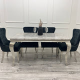 Louis Marble & Chrome Dining Table With Megan Chrome Ring Knocker Velvet Chairs